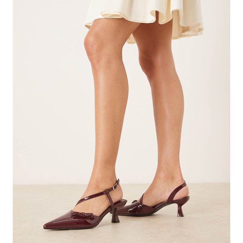 Glamorous Wide Fit slingback kitten heeled shoes with bow in burgundy 112794146