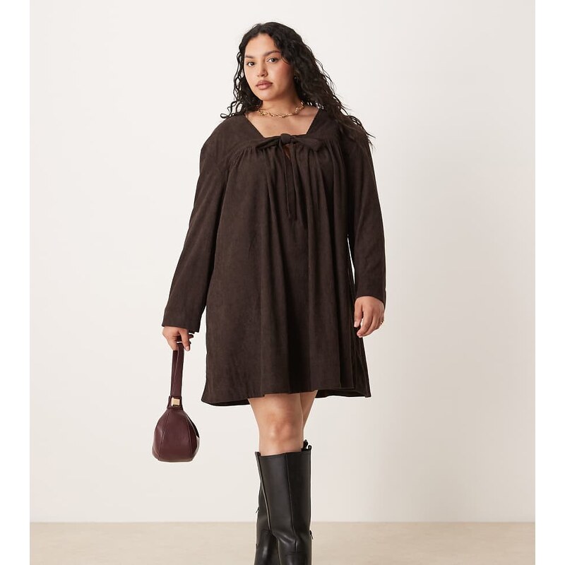 ASOS Curve ASOS DESIGN Curve cord tie front mini smock dress in plum 115512717