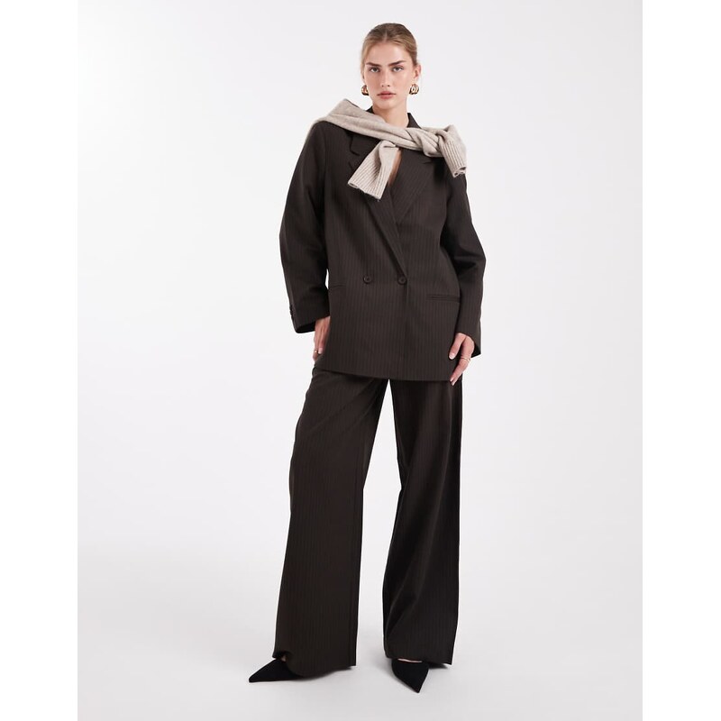 ONLY low waist wide leg tailored trousers co-ord in brown pinstripe 108617854