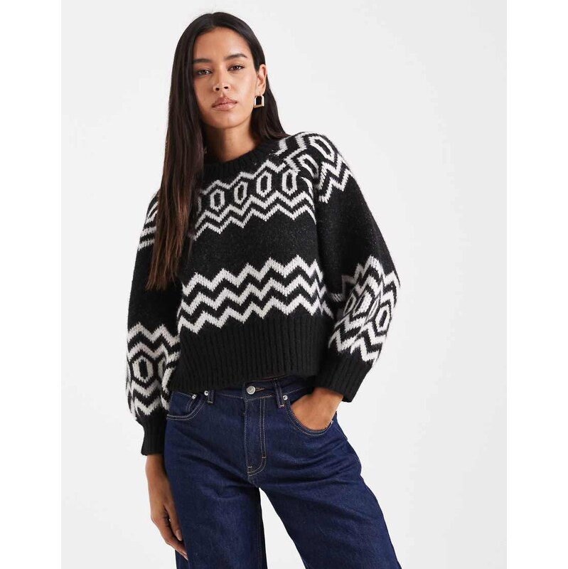 ASOS DESIGN crew neck clean structured fairisle jumper in black
