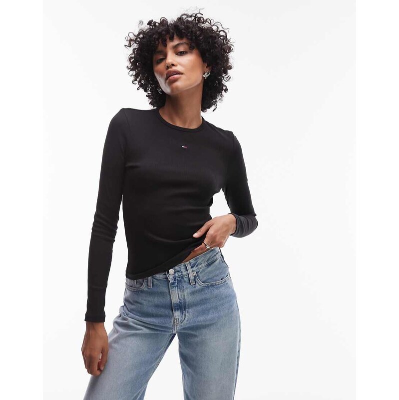 Tommy Jeans essential rib long sleeve t-shirt in black