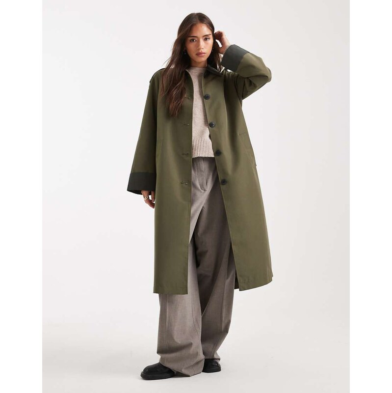 Vero Moda contrast collar button down trench coat in khaki-Green 108617899
