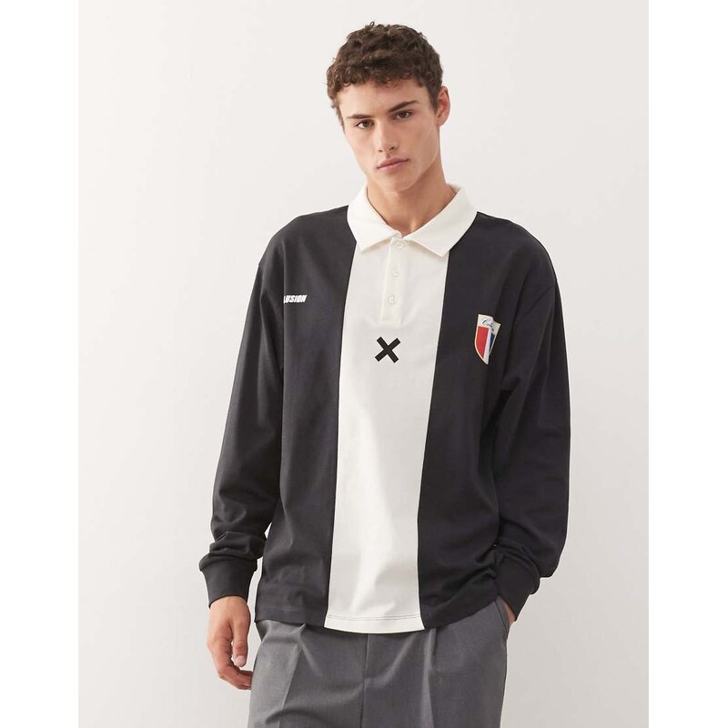 COLLUSION boxy rugby polo top in blocked stripe-Black
