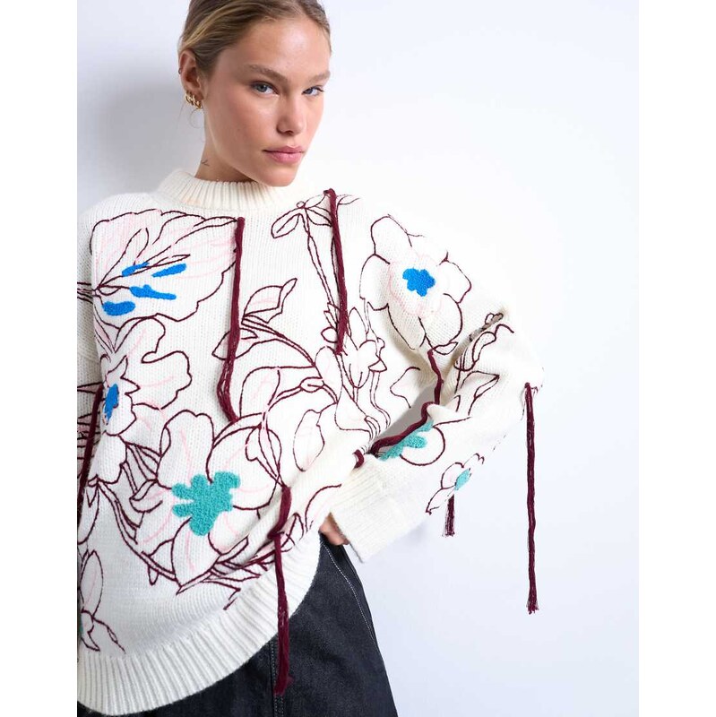 Topshop knitted premium oversized embroidered jumper in ivory-White 108617905