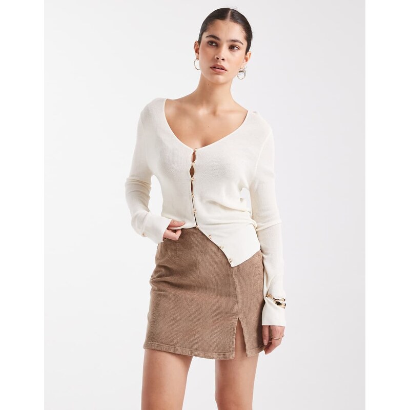 Vero Moda corduroy notch front mini skirt in mink-Neutral