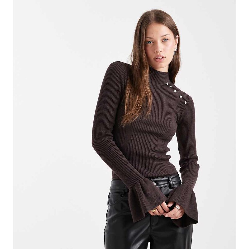The Frolic exclusive ribbed pearl detail flare sleeve jumper in