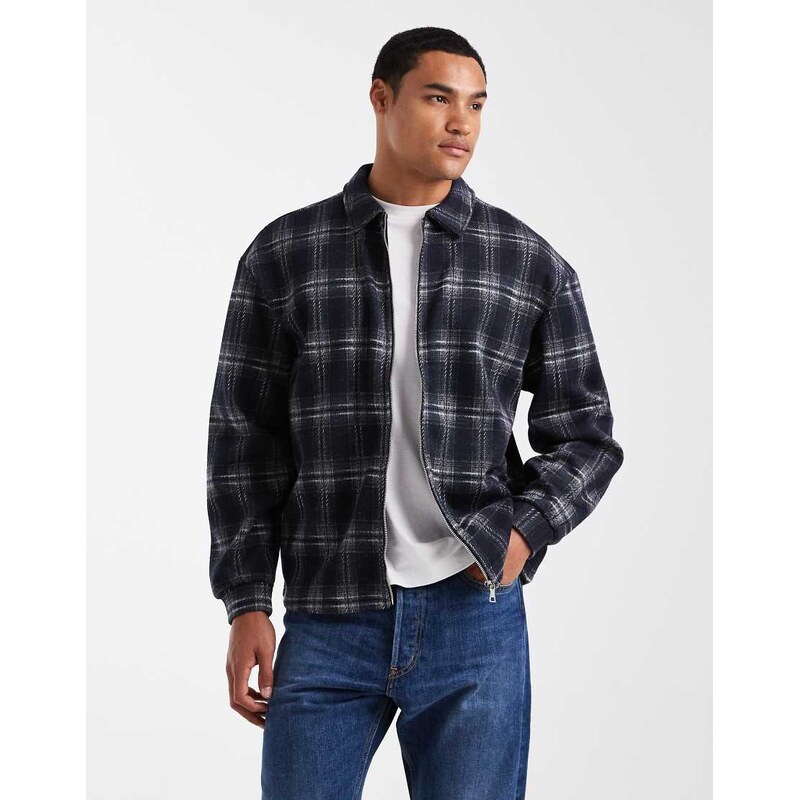 ONLY & SONS zip through overshirt in blue check-Navy