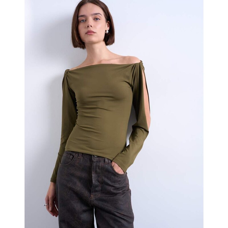 Topshop twist shoulder detail long sleeve top in brown 108623548