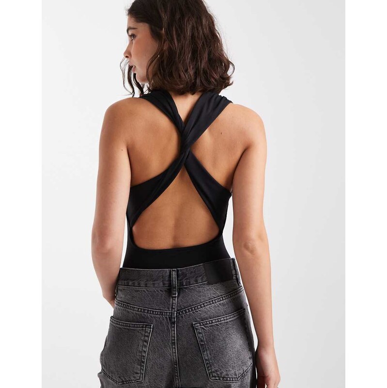 Miss Selfridge twist back bodysuit in black 108623644