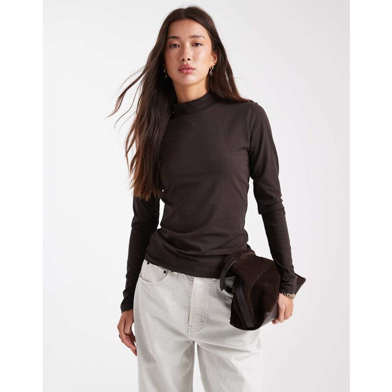 ONLY lettuce edge high neck ribbed top in dark sage-Green