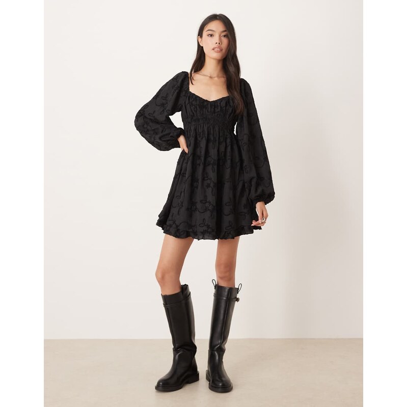 Kiss The Sky bonet long sleeve jacquard babydoll dress in black