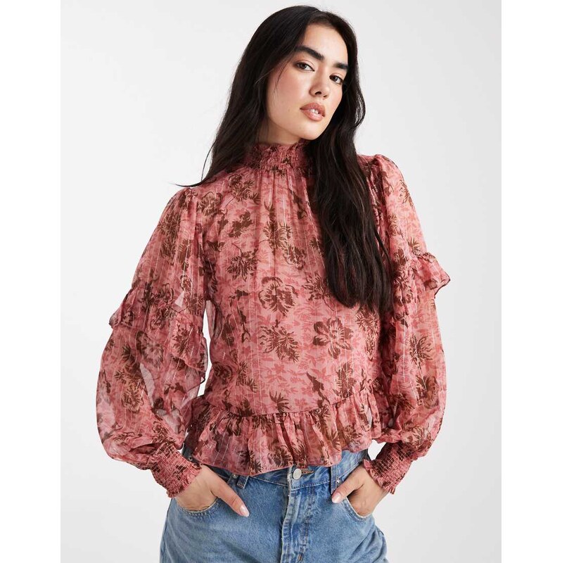New Look floral frill blouse in pink