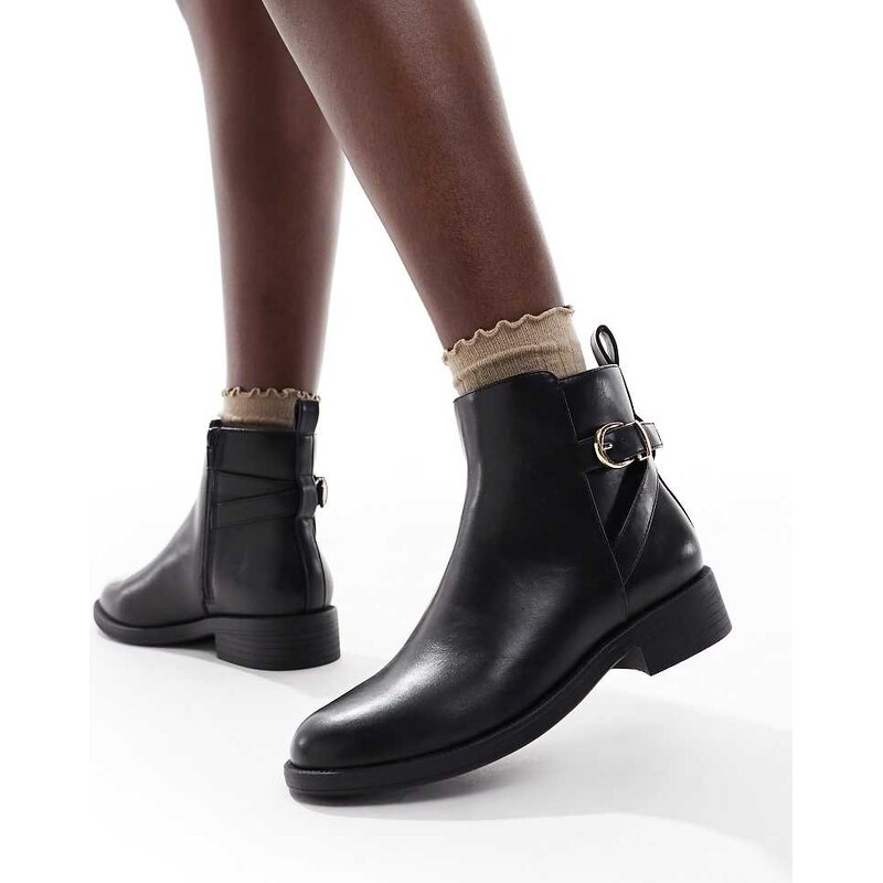 New Look Wide Fit buckle flat ankle boot in black