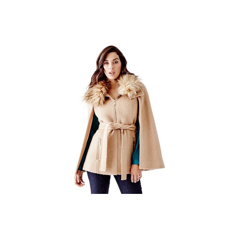 Kabát Guess Nadia Belted Cape with Faux-Fur Collar