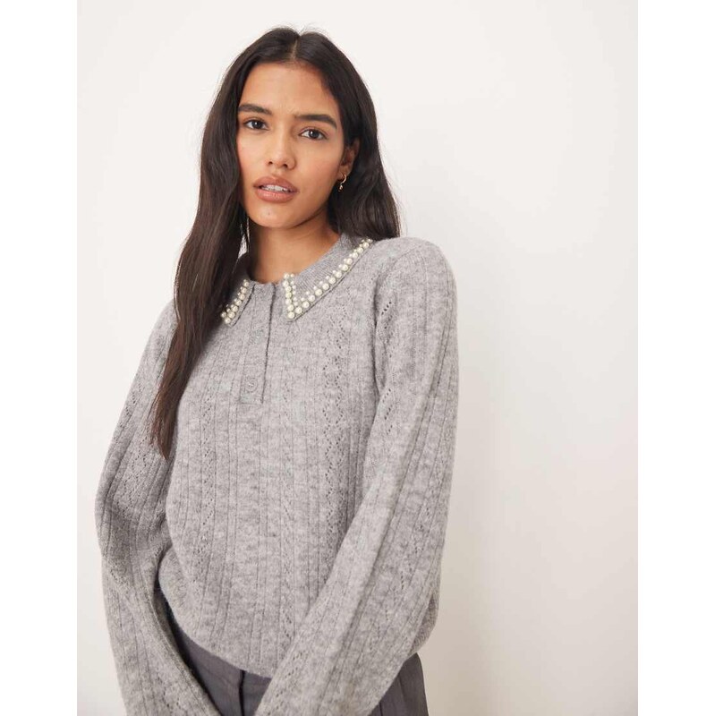 JDY faux pearl trim collared jumper in grey