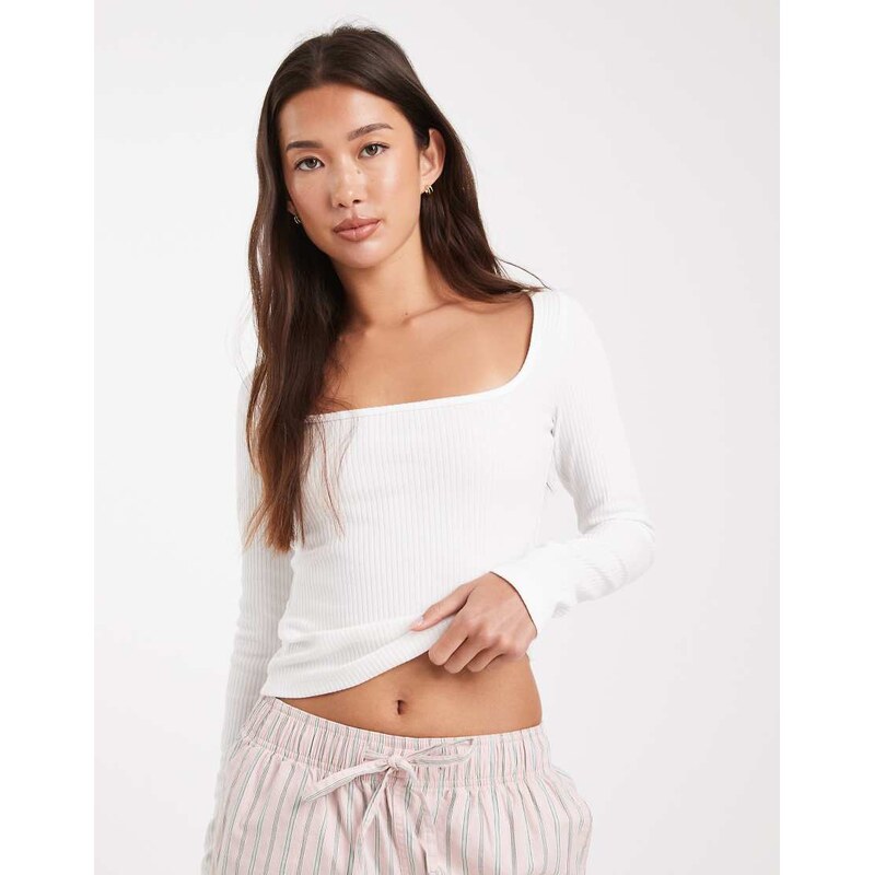 Miss Selfridge square neck rib long sleeve top in cream-White 113007666