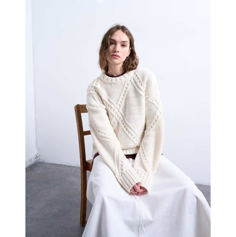 Topshop knitted argyle jumper in cream-White 108623640