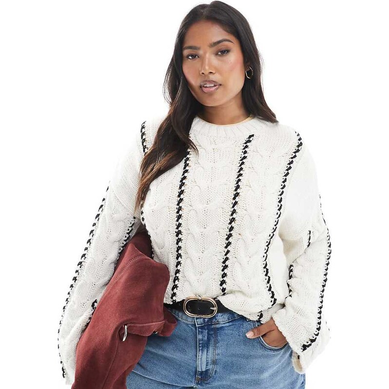 ONLY Curve contrast stitch jumper in white-Black 108623369