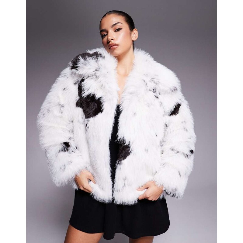 ASOS DESIGN top collar faux fur coat in cream and black cow print 113262244