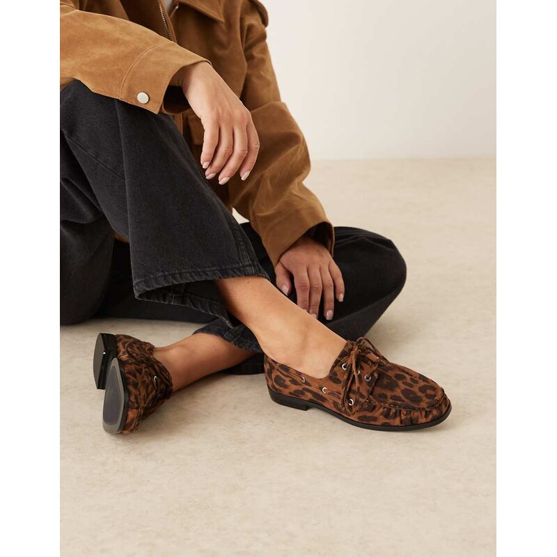 ASOS DESIGN Muse lace up boat shoes in leopard suedette-Multi