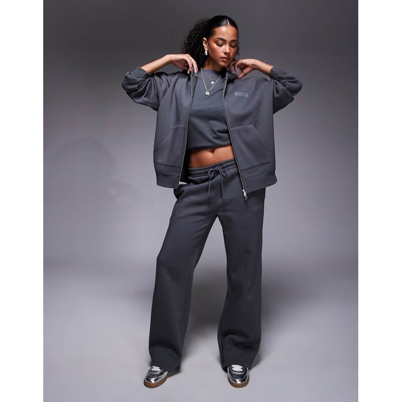 Kaiia cotton rich hotfix logo zip through hoodie co-ord in dark grey 108795062