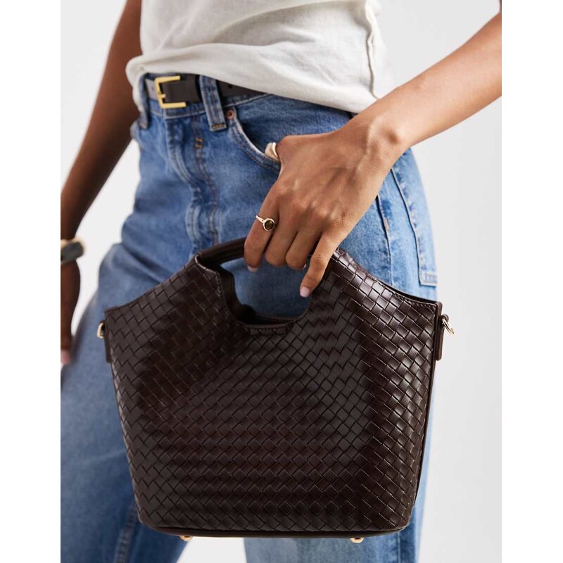 Glamorous woven detail grab top handle bag in chocolate brown 108623363