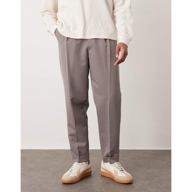ASOS DESIGN smart relaxed tapered trousers in brown with turnup