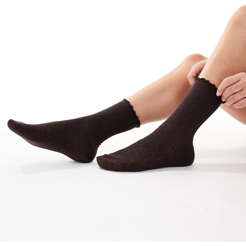 Vero Moda glitter sock with frill edge in chocolate brown
