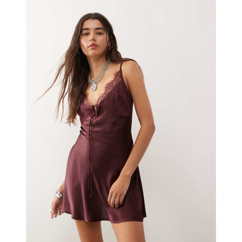 Reclaimed Vintage satin mini dress with lace trims and tie front in 108981600