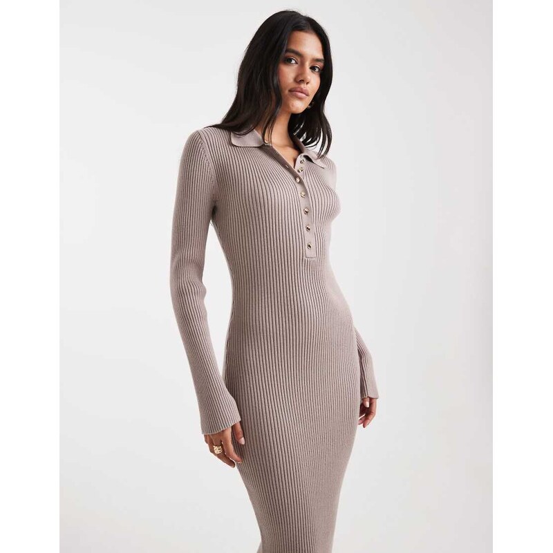 French Connection polo neck ribbed knit bodycon midi dress in neutral 108808481