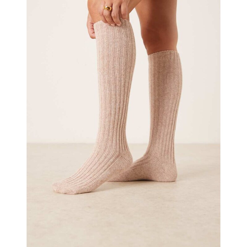 ASOS DESIGN knee high wool blend socks in oatmeal-White
