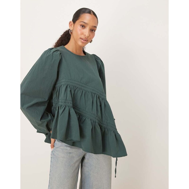 Ghospell asymmetric drawstring top in forest green 108623614