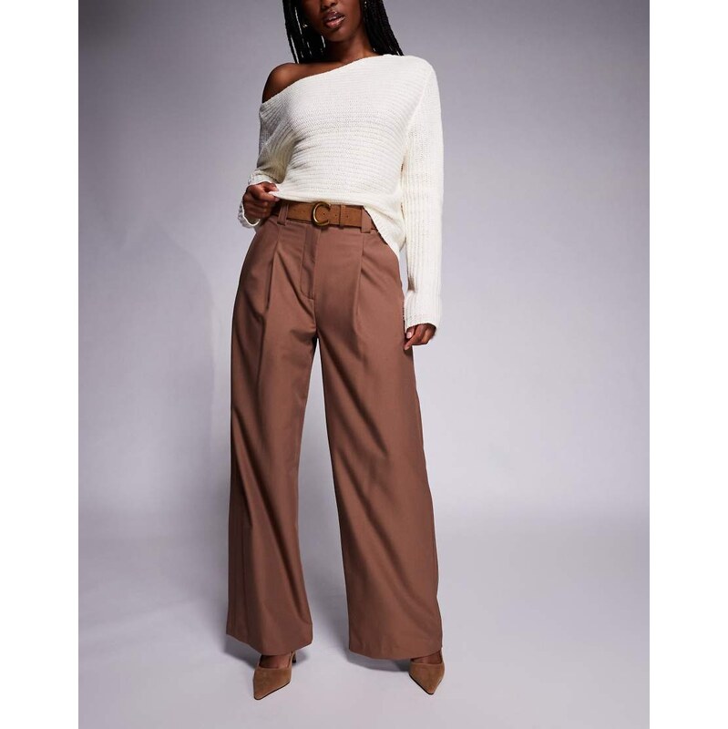 River Island belted wide leg trouser in brown
