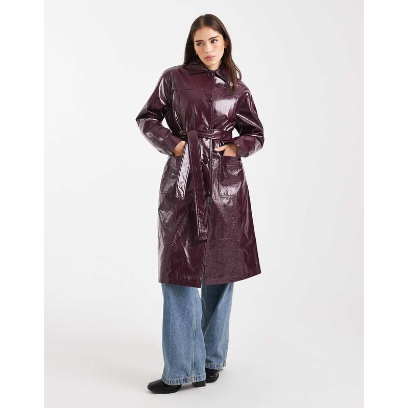 Miss Selfridge vinyl faux leather trench in plum-Green