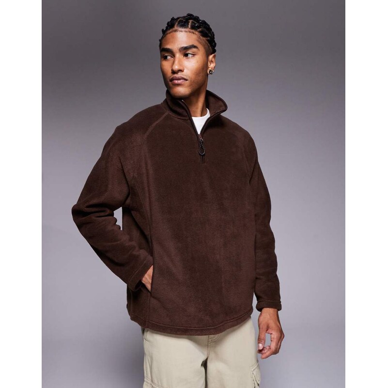 ASOS DESIGN relaxed funnel neck quarter zip fleece sweatshirt in light brown