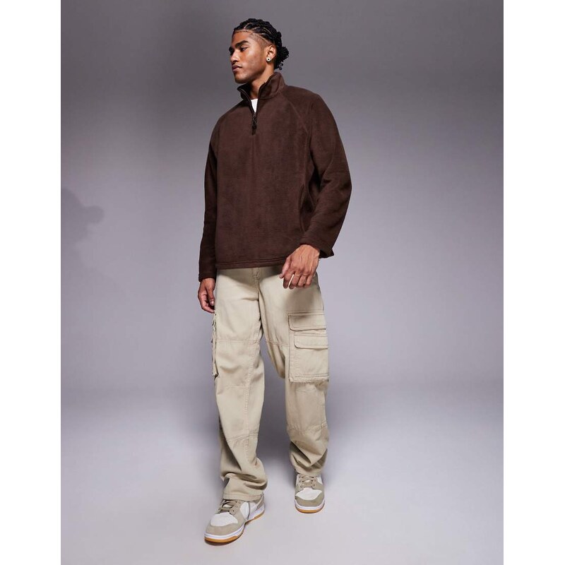 ASOS DESIGN relaxed funnel neck quarter zip fleece sweatshirt in light brown