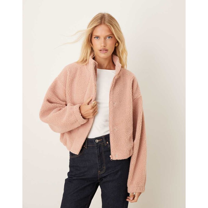 ASOS DESIGN zip through borg fleece with bubble hem in rose pink 108637928