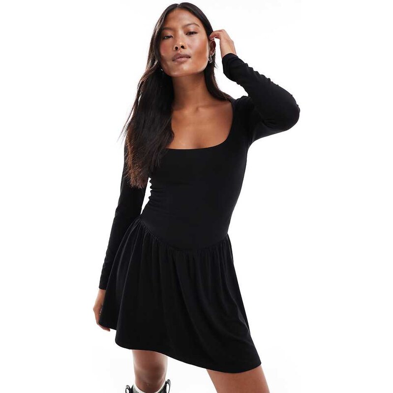 Miss Selfridge Petite drop waist long sleeve mini dress in black 113580625