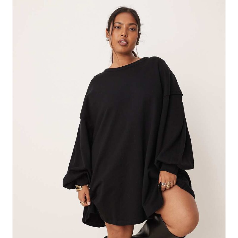 ASOS Curve ASOS DESIGN Curve cotton sweat trapeze mini dress in black 109108945
