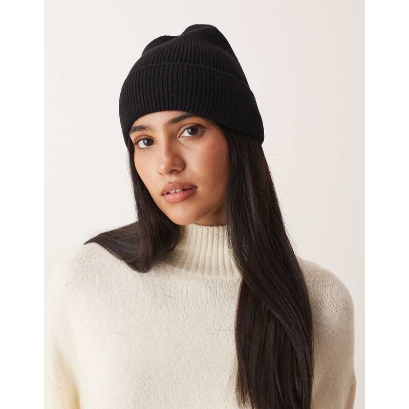 ASOS DESIGN knitted fine gauge wool beanie in black