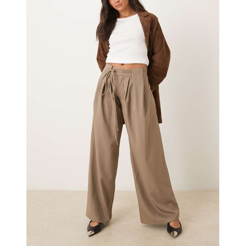 Motel Rivela tie waist wide leg tailored trousers in beige