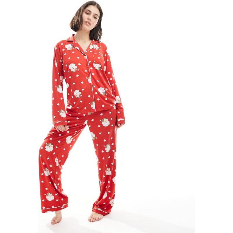 Loungeable Christmas super soft jersey revere top and wide leg pyjama 111138848