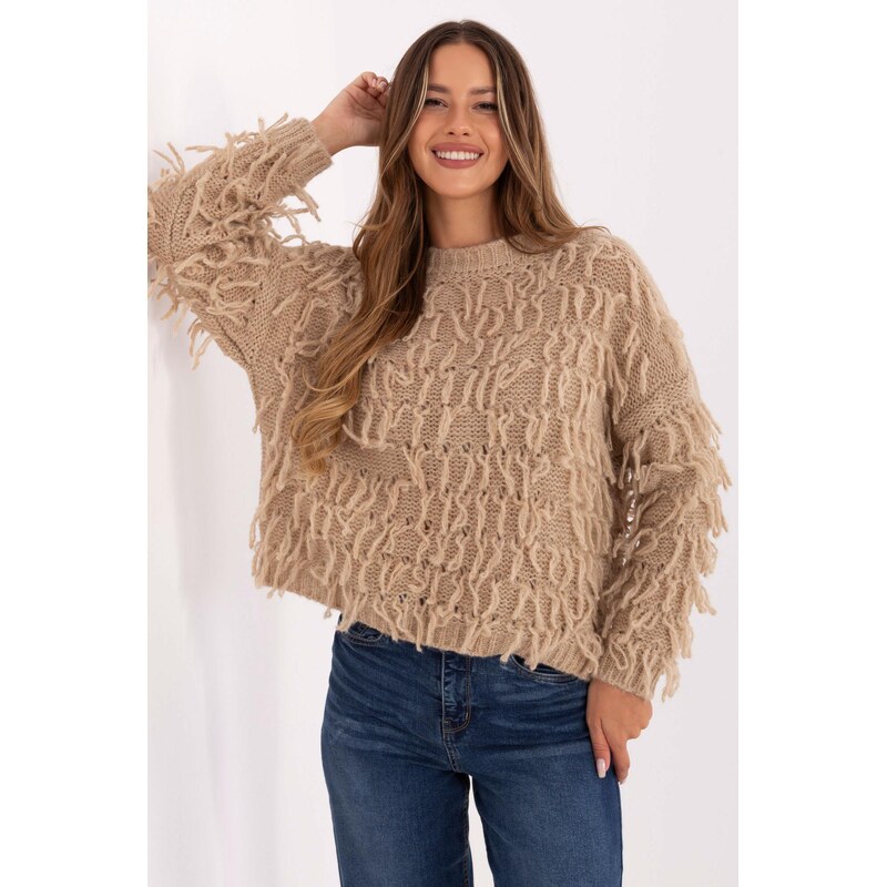 MladaModa Oversize svetr s třásněmi model 200886 béžový