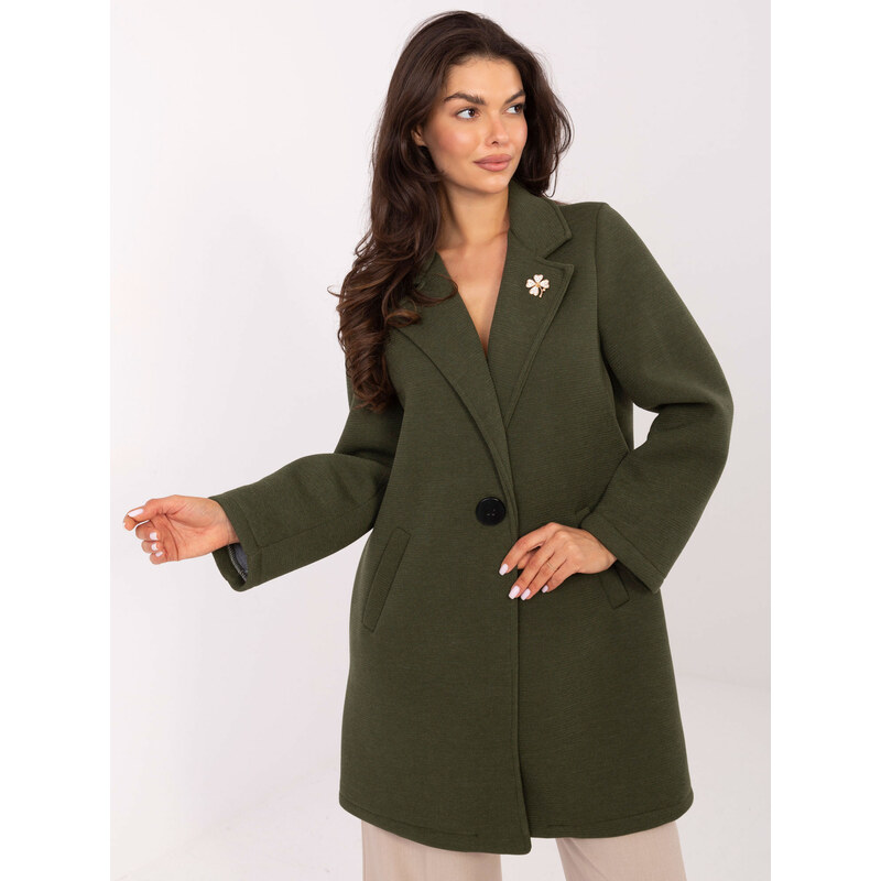 RUE PARIS Khaki dámský krátký kabát s broží -khaki 108662383