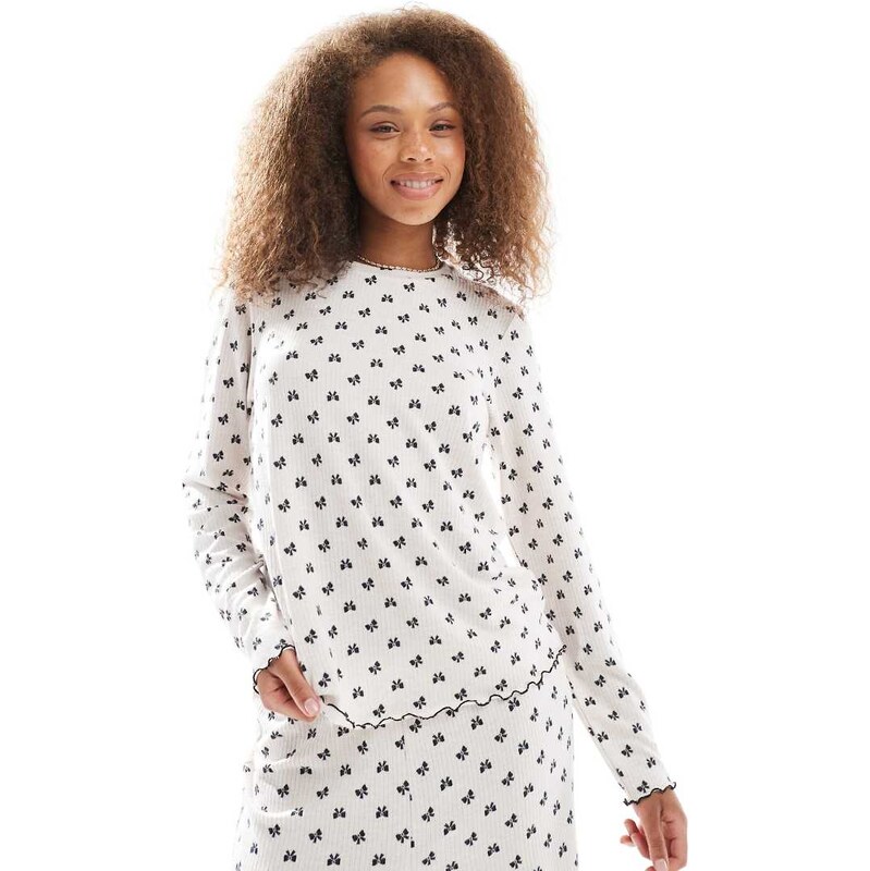 Loungeable super soft rib bow print pyjama set in cream marl