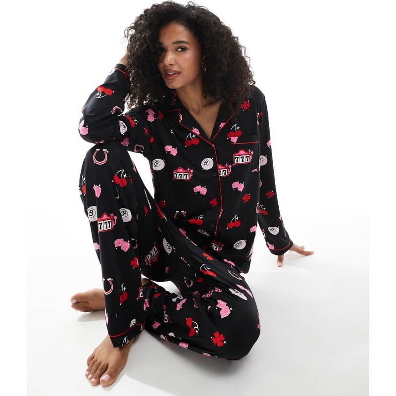 Loungeable supersoft jersey lucky print pyjama set in black