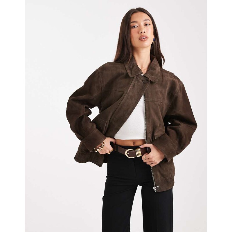 ASOS DESIGN real suede oversized bomber in dark mocha-Brown 108972210