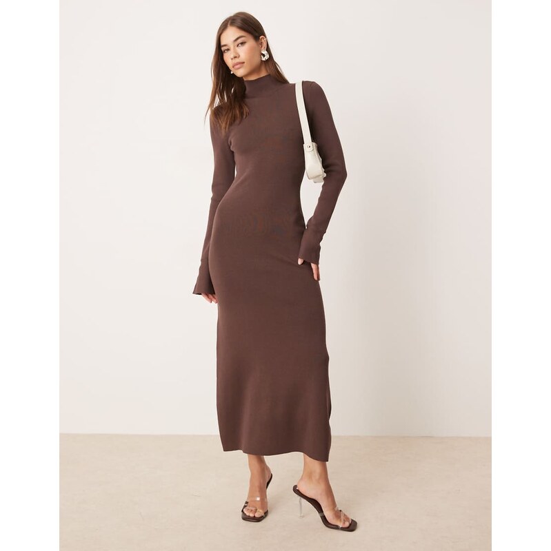 Pretty Lavish flared sleeve knit midaxi dress in brown 108923319