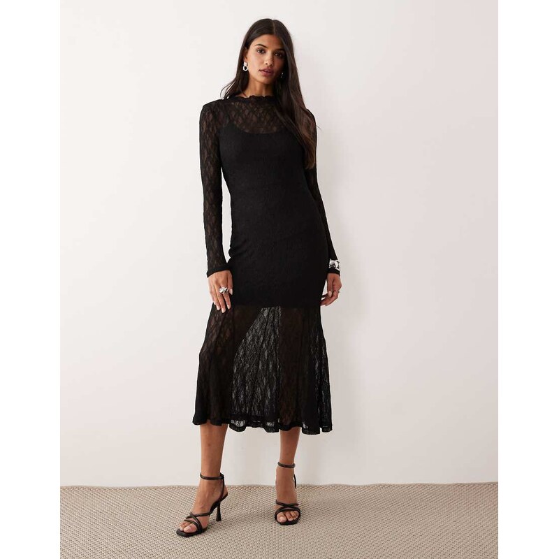 AWARE sheer stretchy lace midi dress in black 108736580