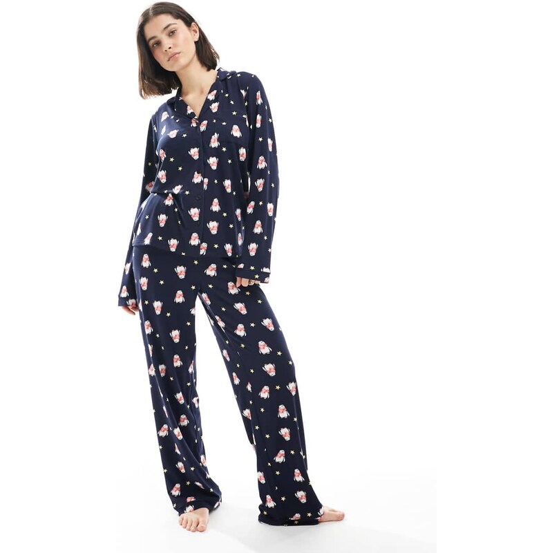 Loungeable Christmas supersoft jersey pyjama set in navy penguin
